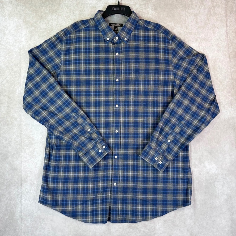 Banana Republic Luxe Flannel Mens XXL Tall Blue Plaid Slim Fit Button Down Shirt